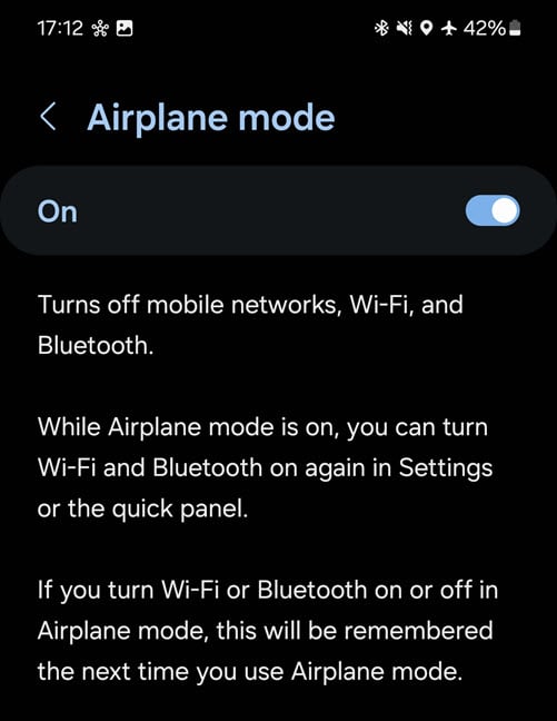 Airplane mode allows you to enable Wi-Fi or Bluetooth and remembers your choices