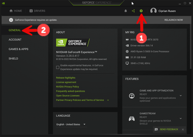 In NVIDIA GeForce Experience, go to Settings > General